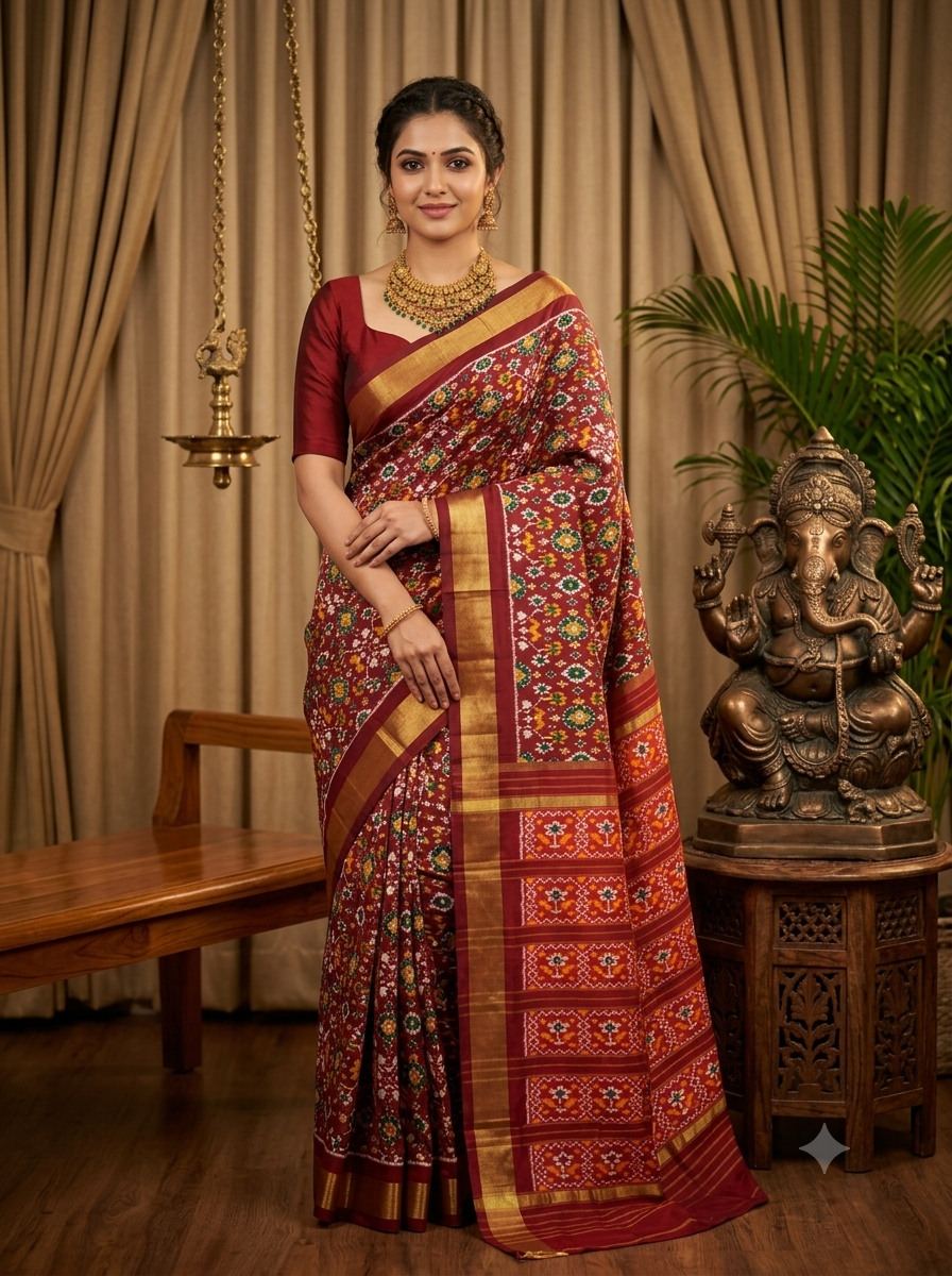 Pochampally Ikat Pure Patola Silk Saree – Traditional Handwoven Ikkat Design with Rich Maroon & Gold Borders