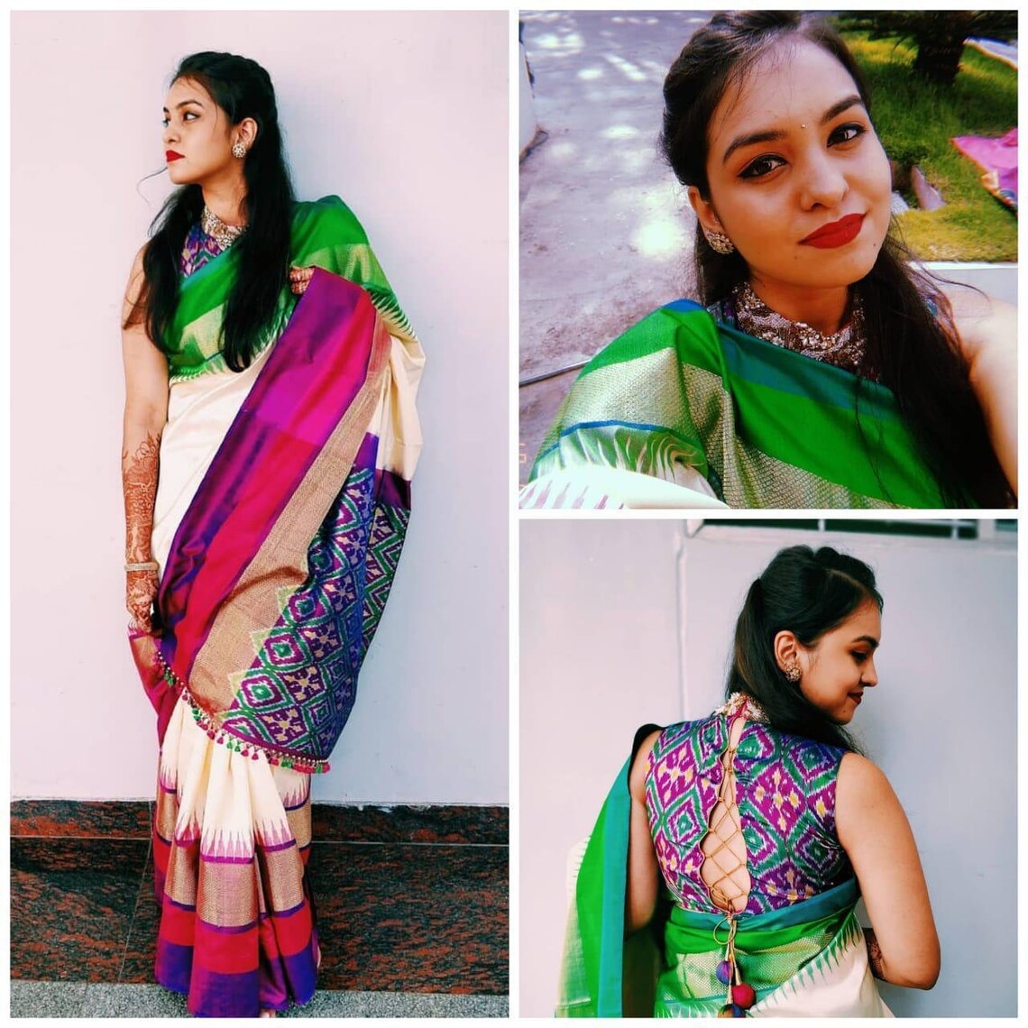 Pochampally ganga jamuna border saree | Half White  Pochampally ikkat saree