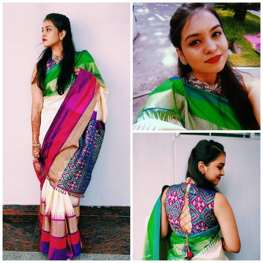 Pochampally ganga jamuna border saree | Half White  Pochampally ikkat saree