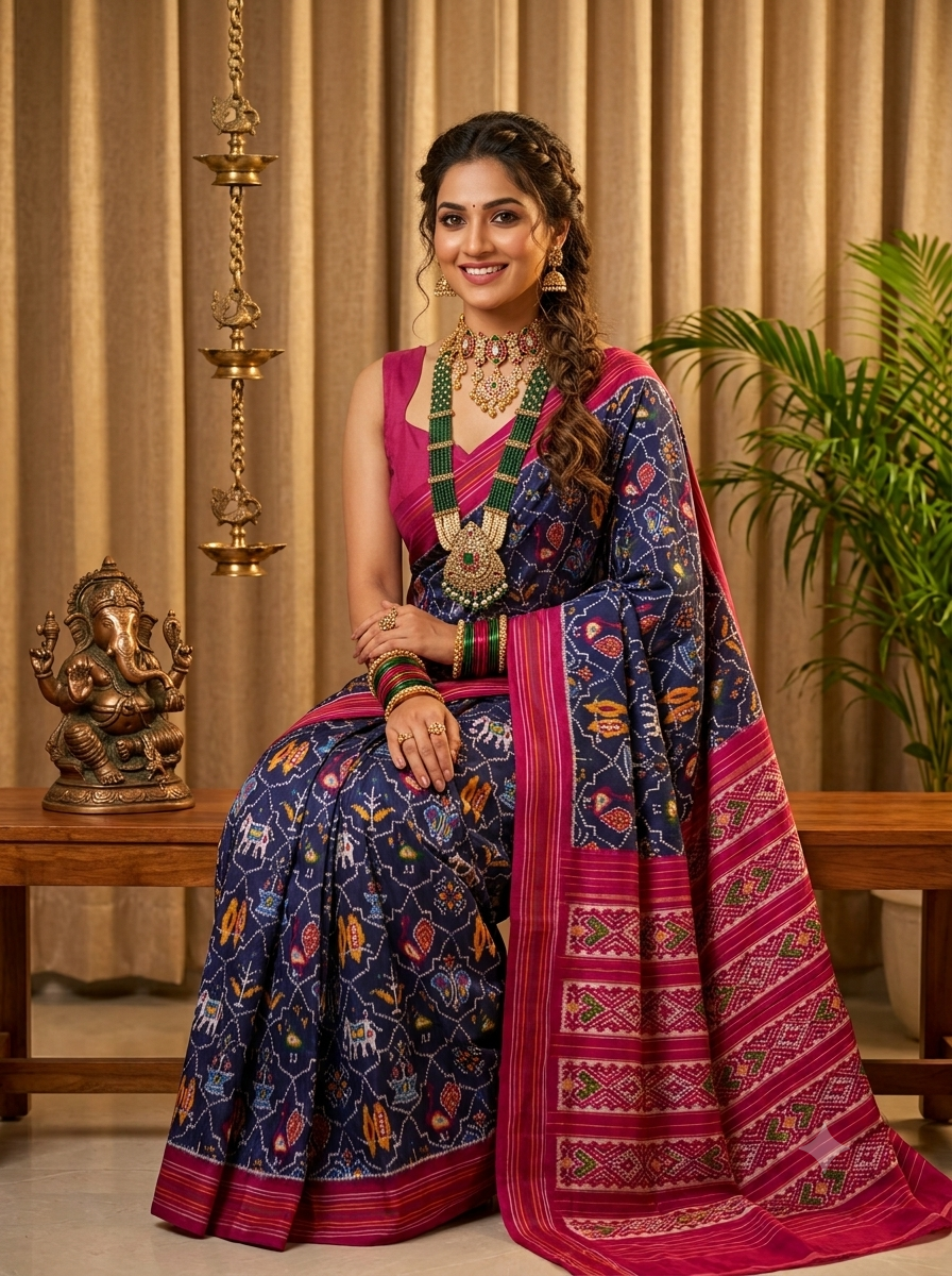 Pochampally Ikat Madthas Pure Silk Handloom Saree – Navy Blue & Magenta