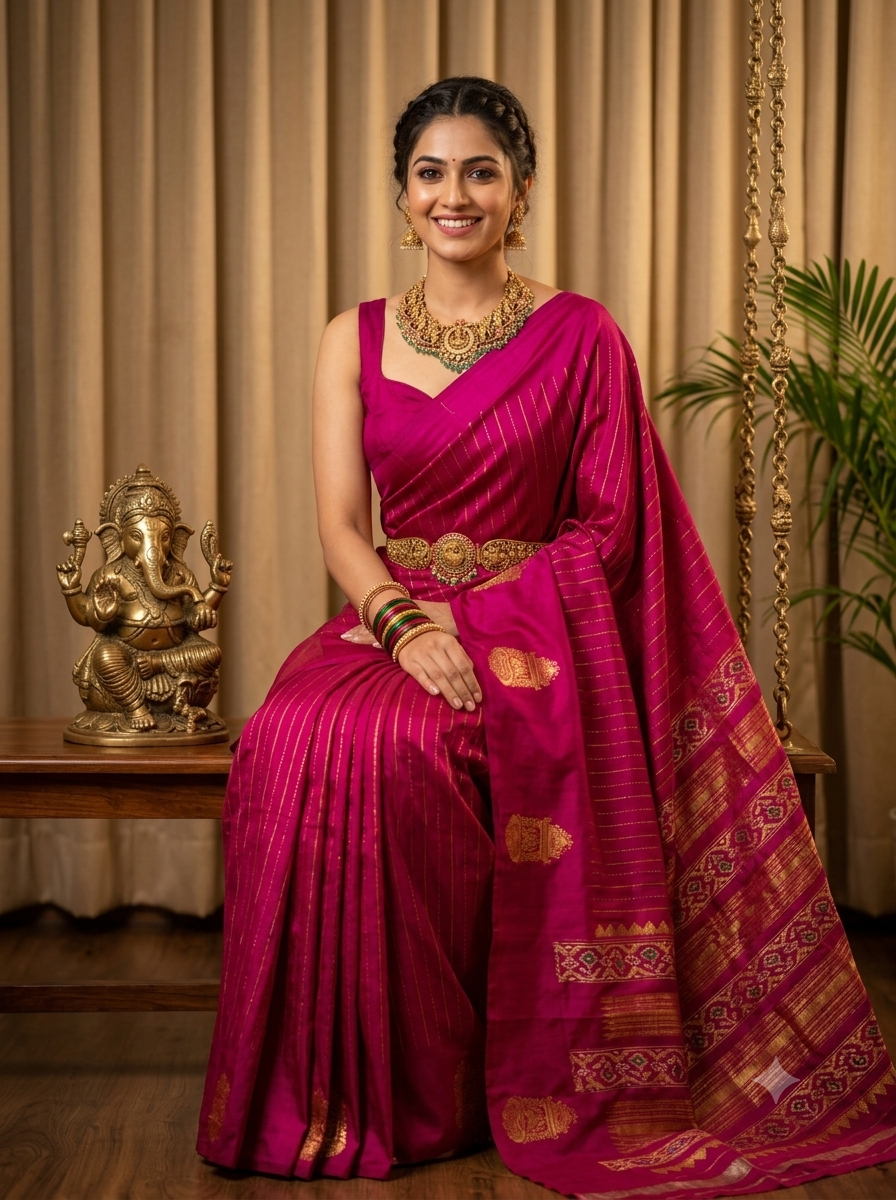 Pure Kanchipuram Silk Saree – Magenta Pink with Traditional 2gram Gold Zari