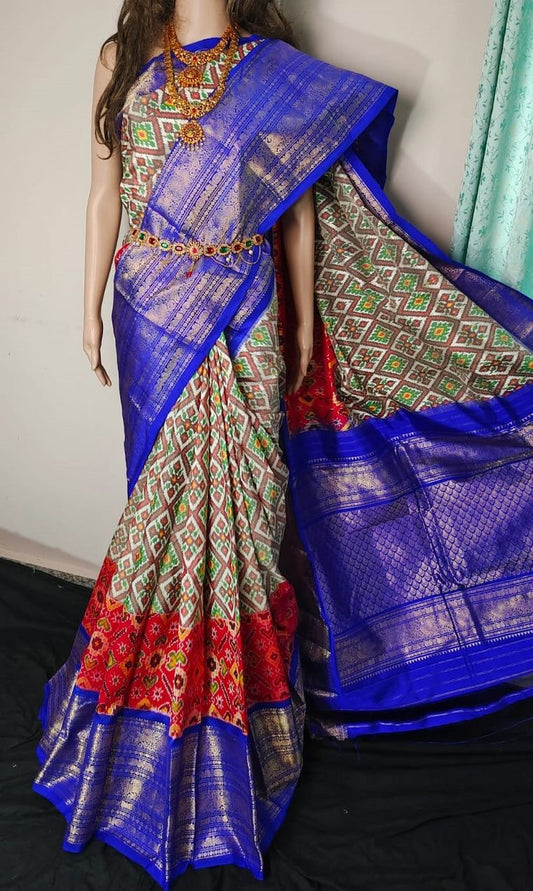 Kanchi border poachampally ikkat silk saree | Hand-woven ikkat pure pattu saree | Handloom sarees