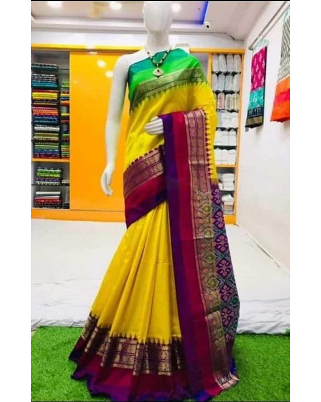 Orange and Yellow Pochampalli Soft Silk Saree with Fall & Pico Fully Stitched Blouse main image 1