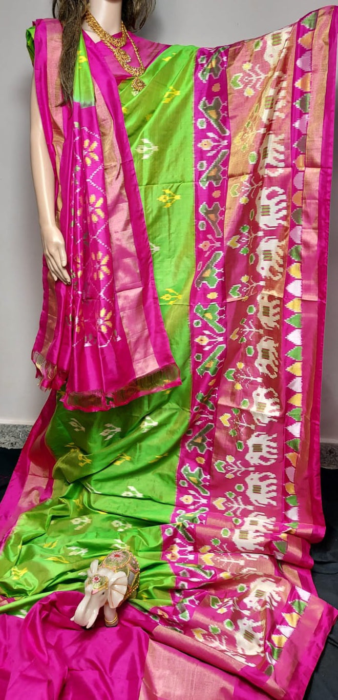 pochampally ikkat saree - parrot green with elephant motifs