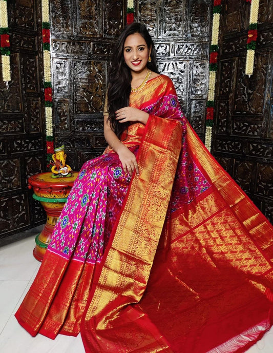 Kanchi border poachampally ikkat silk saree | Hand-woven ikkat pure pattu saree | Handloom sarees
