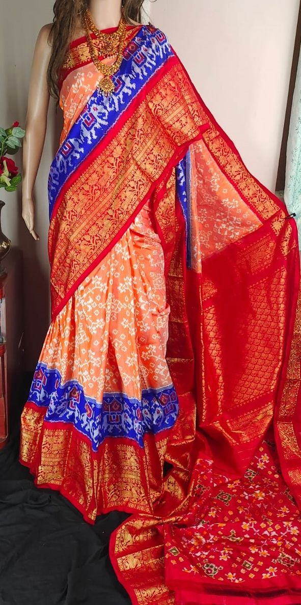 Kanchi border poachampally ikkat silk saree | Hand-woven ikkat pure pattu saree | Handloom sarees