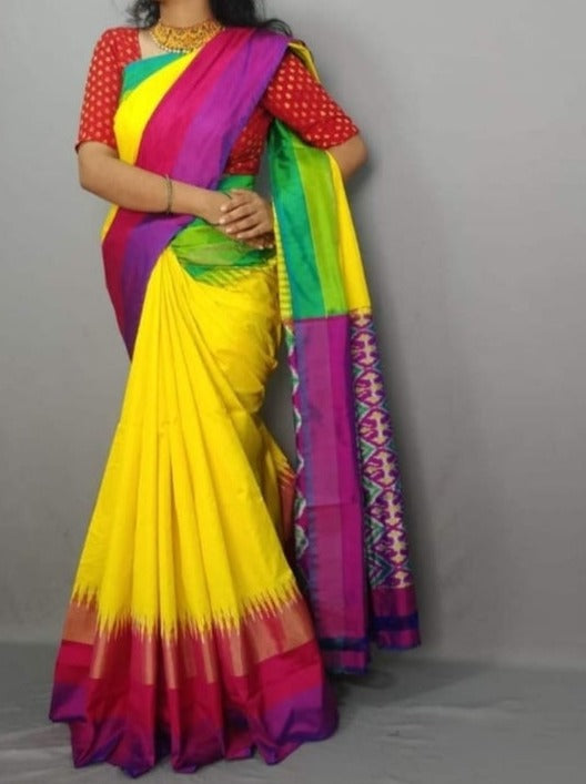 Pochampally ganga jamuna border saree | Yellow Pochampally ikkat saree | Original handwoven pochampally saree