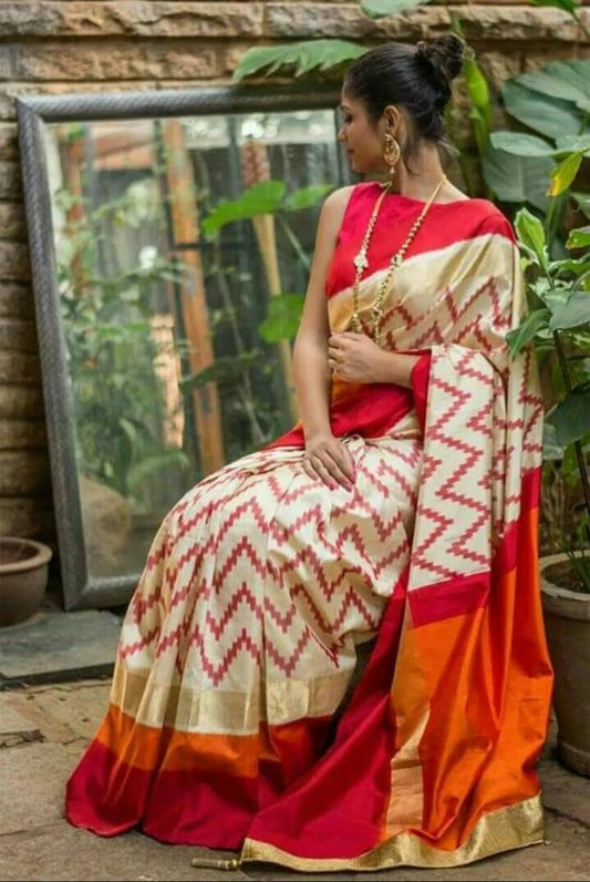 Pochampally half white saree with Zig Zag pattern allover the body | ikkat saree | handwoven pochampally saree
